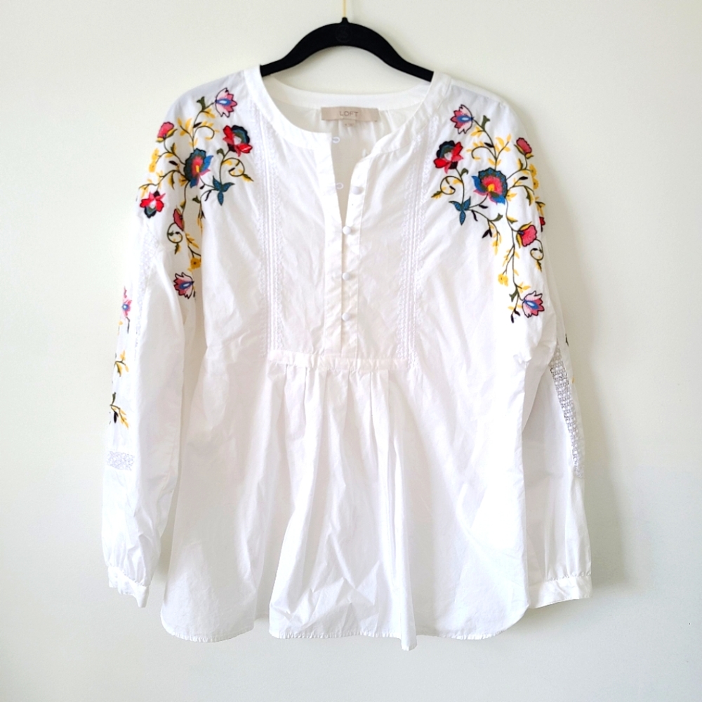 Loft floral embroidered sleeve half button front cotton peasant blouse